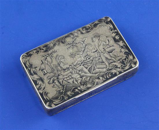 An early 19th century Russian 84 zolotnik silver and niello rectangular snuff box, gross 2.5 oz.